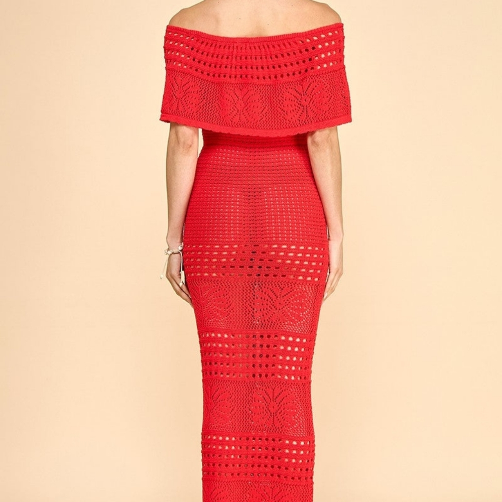 Off the Shoulder Beach Crochet Midi Dress- Red - Picture 4 of 5